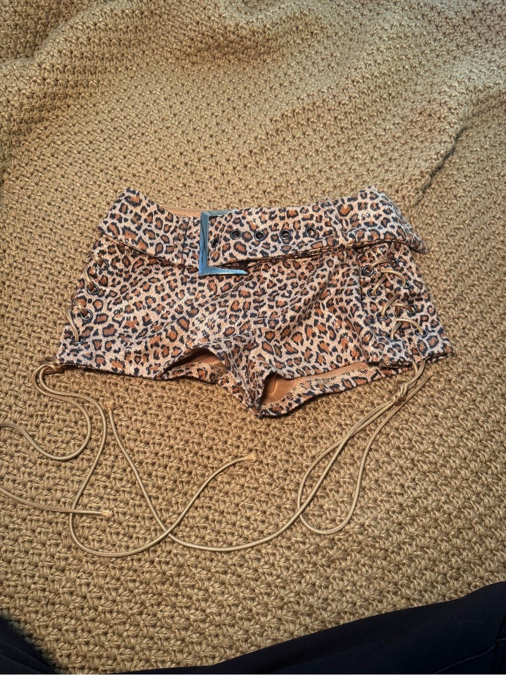 Leopard-Print Lace-Up Belted Bike Shorts in Tan and Black
